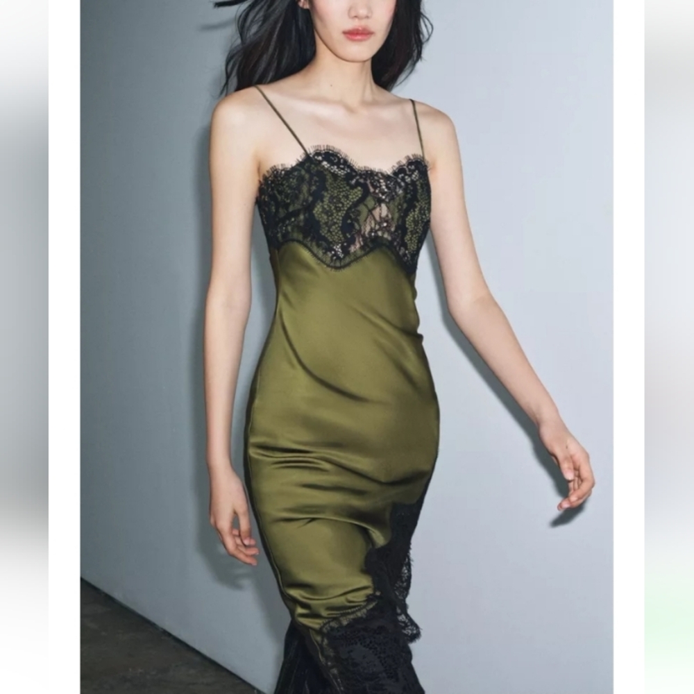 Zara Zw Collection Asymmetric Trendy Green and Black Lace Dress - Picture 2 of 16